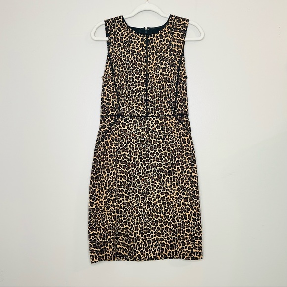 J. Crew Leopard Print Piped Slimming Knee Length Sleeveless Sheath Dress 4 - Picture 3 of 14